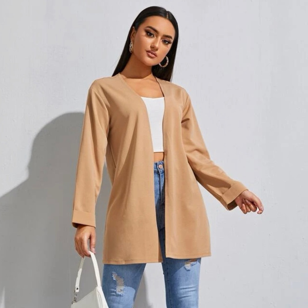 Khaki Open Front Cuffed Sleeve Solid Cardigan Blazer Coat L 12/14